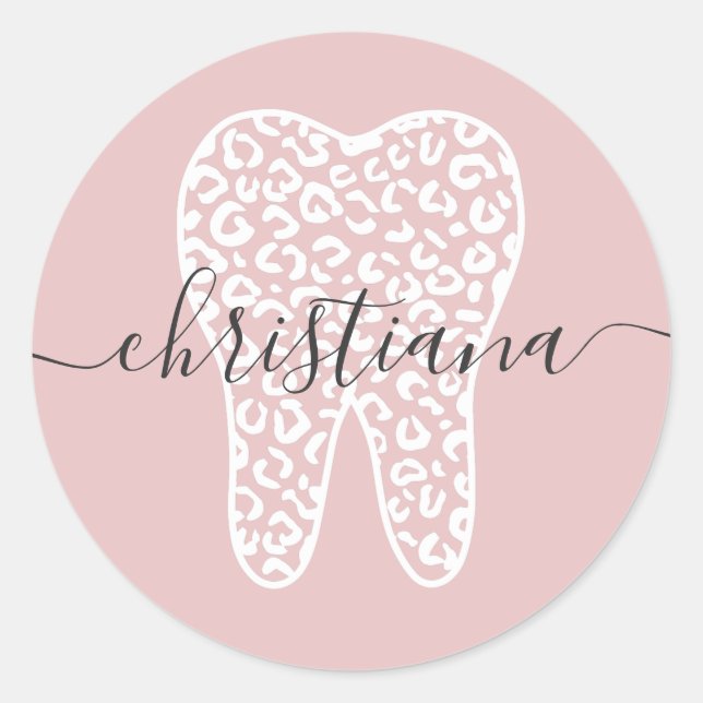 Custom Name Dental Leopard Print Tooth Classic Round Sticker (Front)