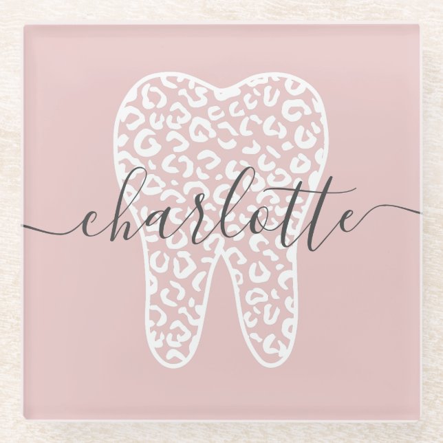 Custom Name Dental Leopard Print Tooth Gift Glass Coaster (Front)