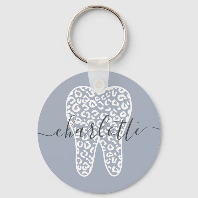 Custom Name Dental Leopard Print Tooth Gift Key Ring (Front)