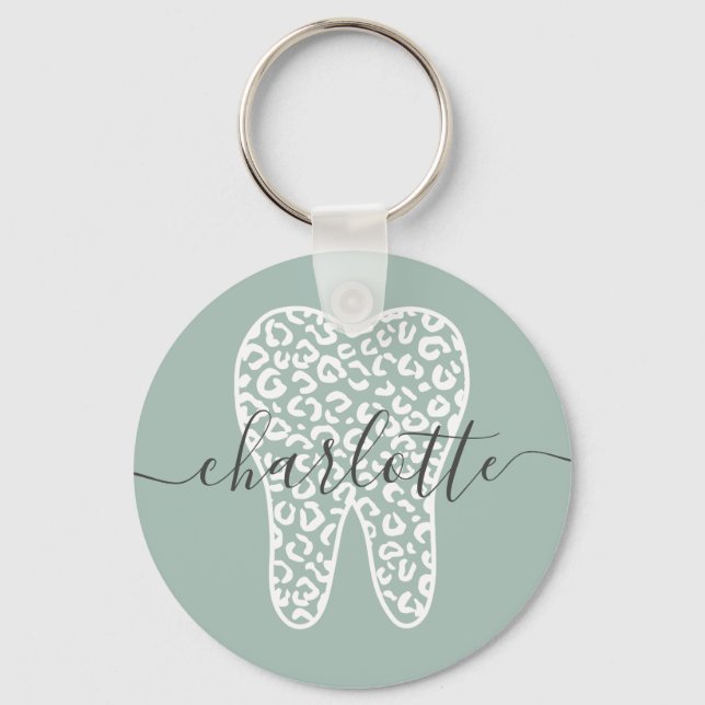 Custom Name Dental Leopard Print Tooth Gift Key Ring (Front)