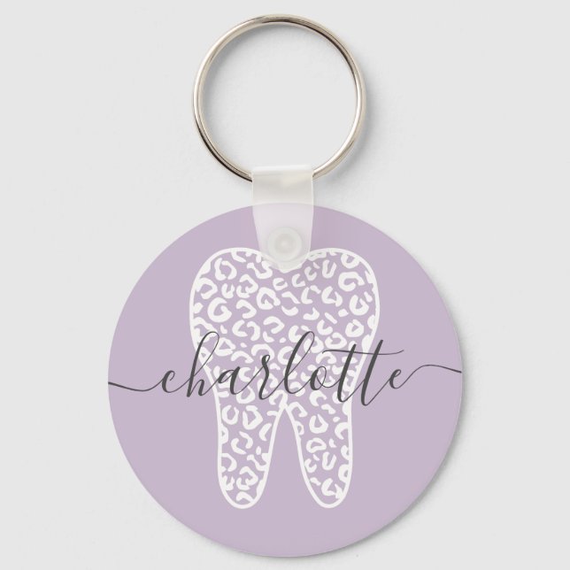 Custom Name Dental Leopard Print Tooth Gift Key Ring (Front)