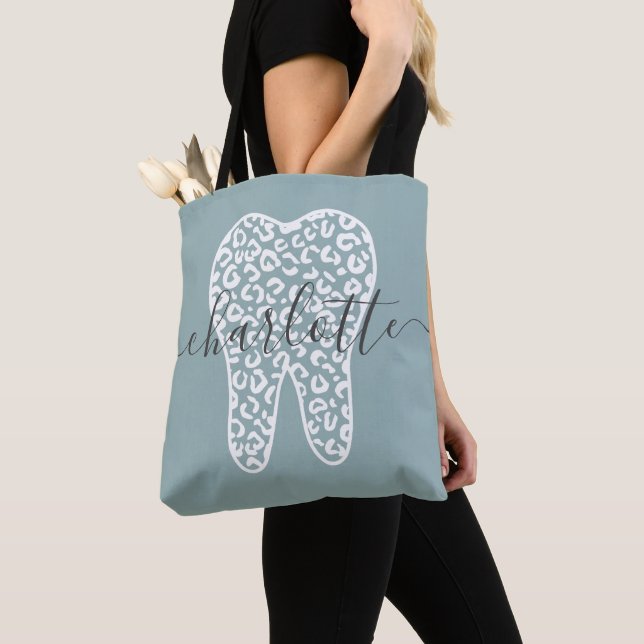 Custom Name Dental Leopard Print Tooth Gift Tote Bag (Close Up)