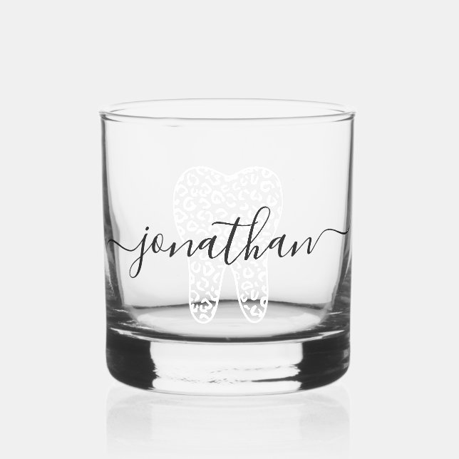 Custom Name Dental Leopard Print Tooth Gift Whiskey Glass (Front)