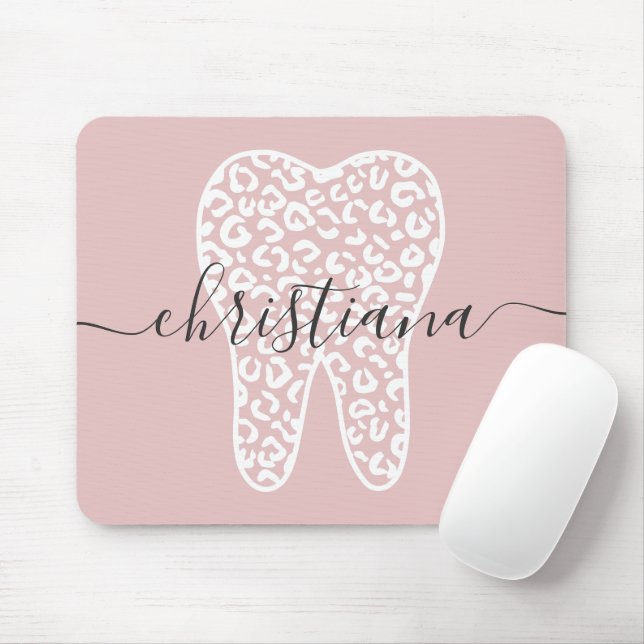 Custom Name Dental Leopard Print Tooth Mouse Mat (With Mouse)