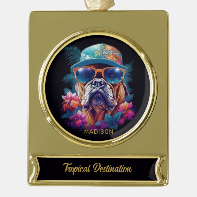 Custom Name & Destination Tropical Vacation Dog Gold Plated Banner Ornament (Front)