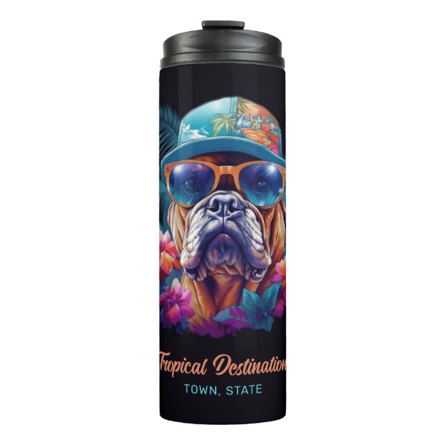 Custom Name & Destination Tropical Vacation Dog Thermal Tumbler (Front)