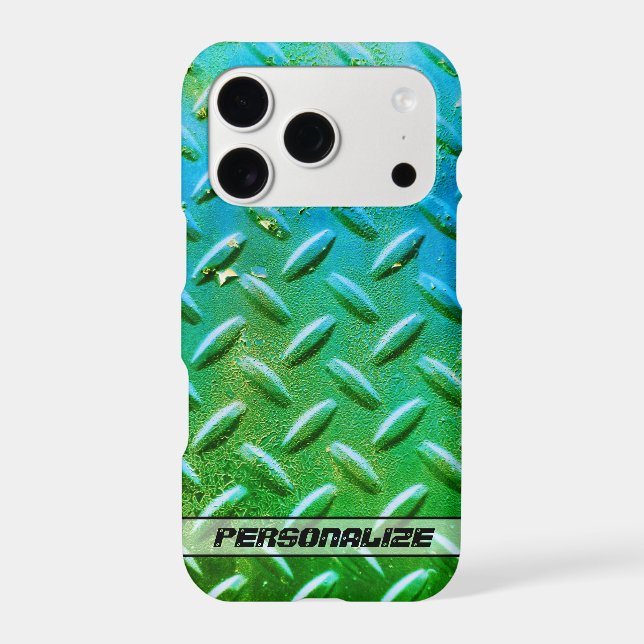 Custom Name Diamond Plate Steel Green and Blue (Back)