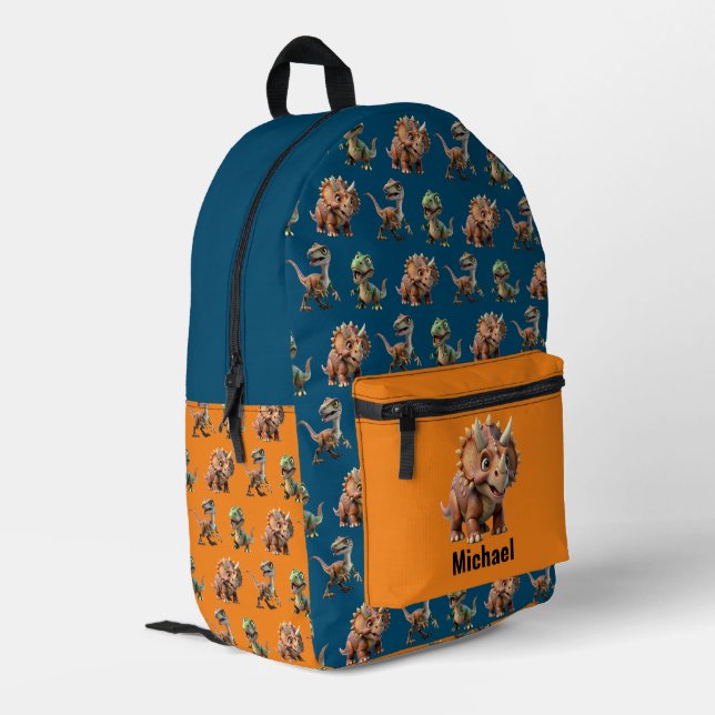 Custom Name Dinosaur Boy's Blue & Orange Backpack (Back Corner Left)