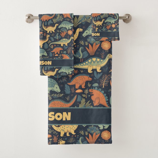 Custom Name Dinosaur Pattern Bath Towel Set (Insitu)