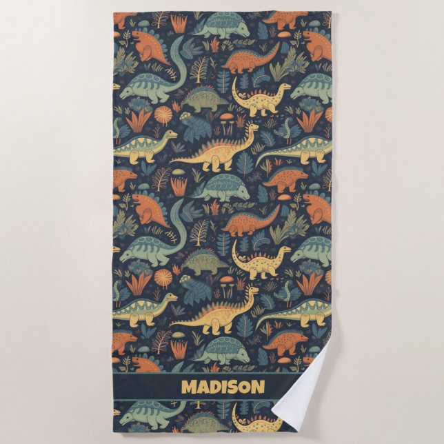 Custom Name Dinosaur Pattern Beach Towel (Front)