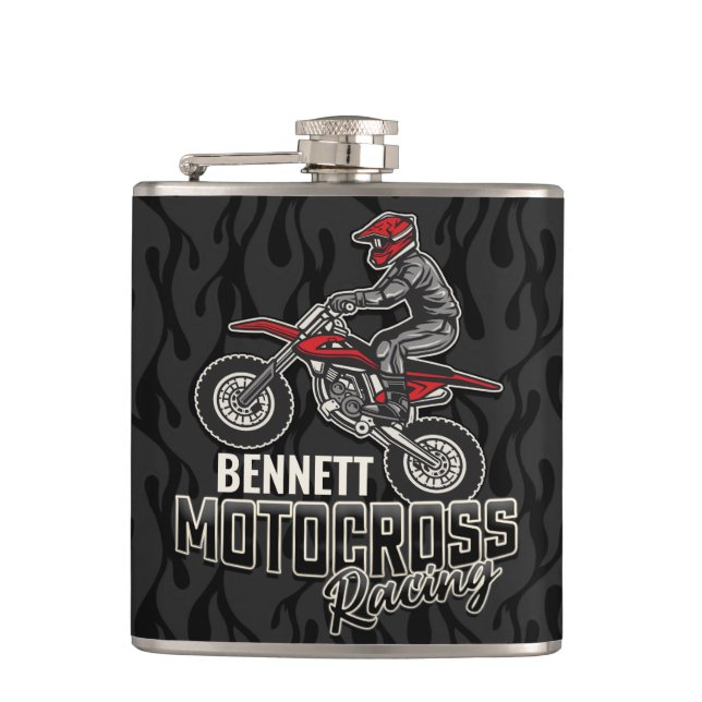 Custom NAME Dirt Bike Rider Motocross Racing Hip Flask (Front)