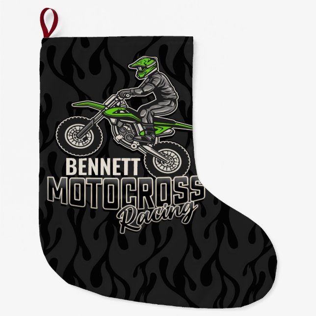 Custom NAME Dirt Bike Rider Motocross Racing Large Christmas Stocking (Front)