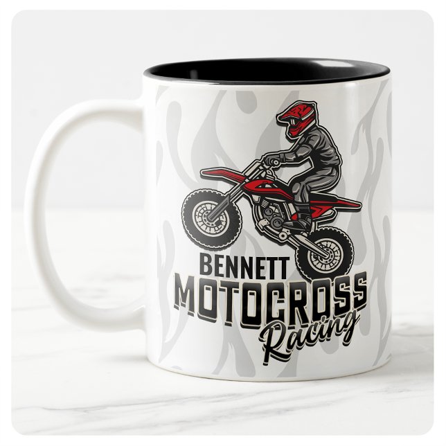 Custom NAME Dirt Bike Rider Motocross Racing Two-Tone Coffee Mug (Creator Uploaded)