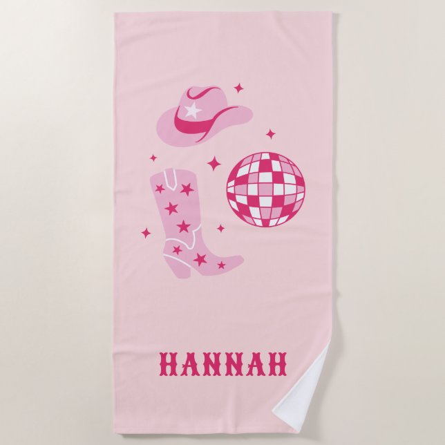 Custom Name Disco Cowgirl Bachelorette Beach Towel (Front)