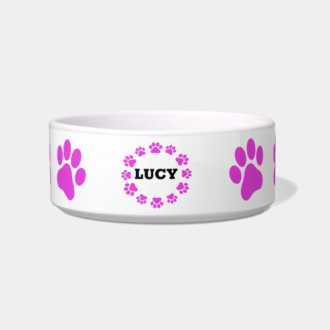 Custom Name Dog Cat Paws Pink Personalised Food Bowl (Front)