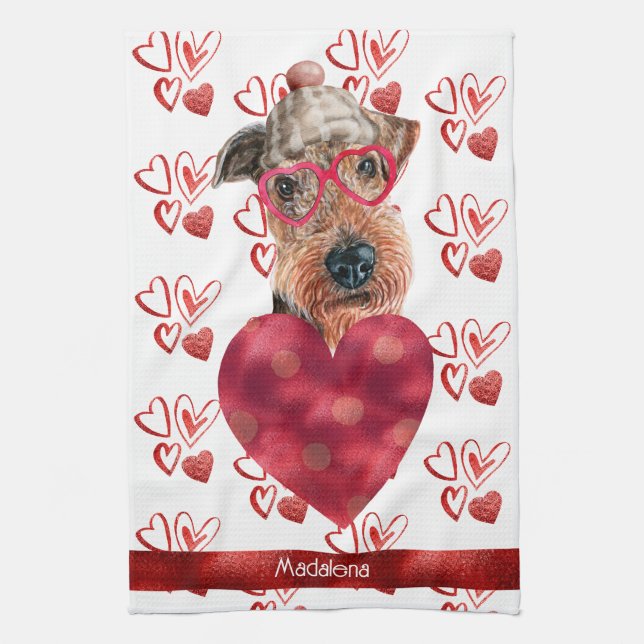 Custom Name Dog Lover Valentine Gift Airedale Tea Towel (Vertical)