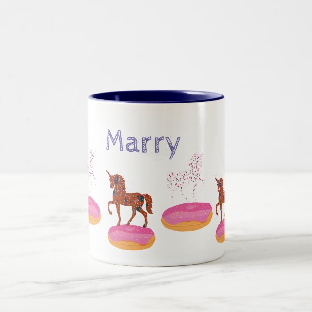 Custom Name Donuts Unicorns Art Two-Tone Coffee Mug (Center)