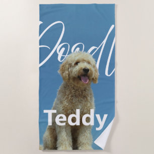 Custom Name Doodle Dog Blue Sky Photo Beach Towel