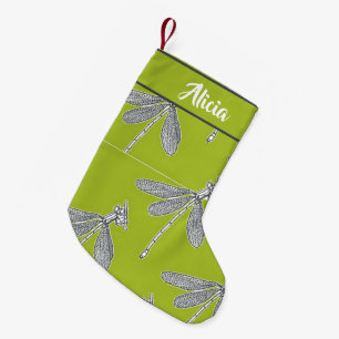 Custom name dragonfly on green small christmas stocking