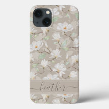 Custom Name Drawn White Magnolia on Blush Beige