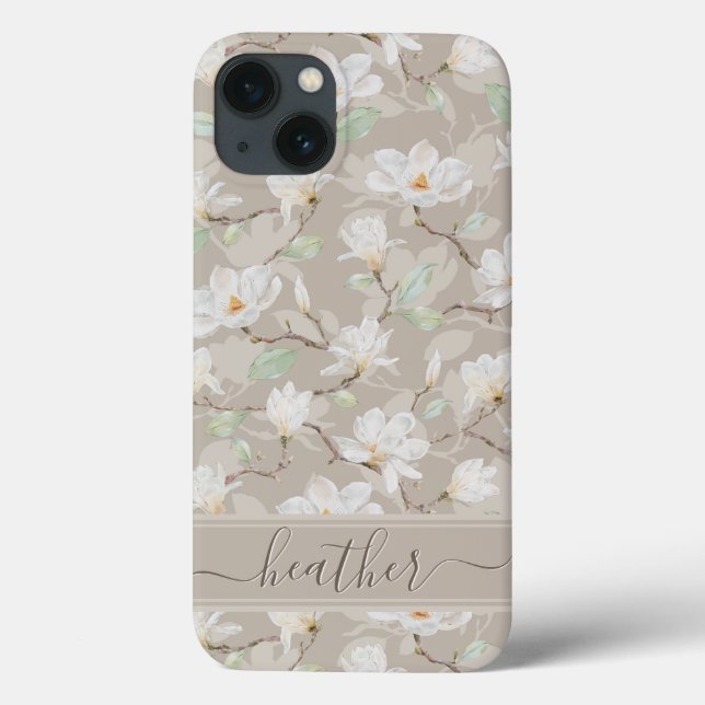 Custom Name Drawn White Magnolia on Blush Beige Case-Mate iPhone Case (Back)
