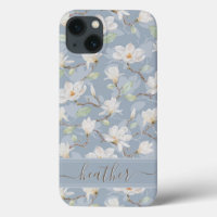 Custom Name Drawn White Magnolia on Dusty Green Ca