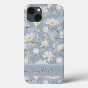 Custom Name Drawn White Magnolia on Dusty Green Ca iPhone 13 Case