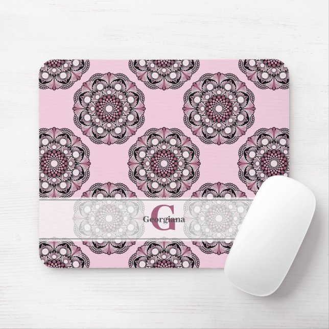 Custom Name Dusky Rose Cherry Blossom Dot Mandala Mouse Mat (With Mouse)