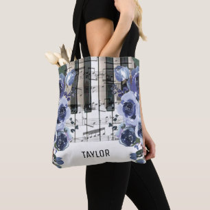 custom name dusty blue flowers music tote bag