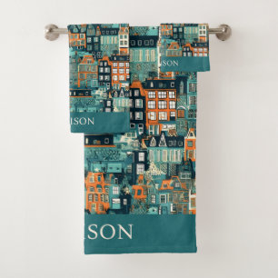 Custom Name Dutch Houses Pattern Bath Towel Set