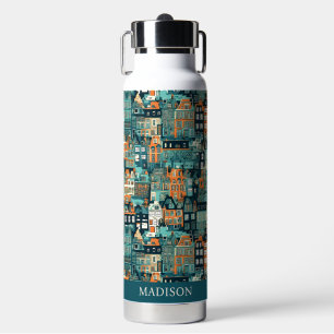 Custom Name Dutch Houses Pattern Water Bottle