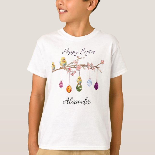 Custom Name Easter Eggs Baby Chicks Happy Easter T-Shirt (Front)