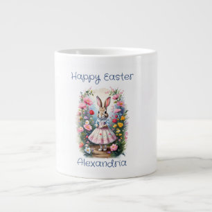 Custom Name Easter rabbit flowers Happy Easter Large Coffee Mug