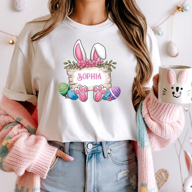 Custom Name Easter Shirt; Cute Bunny & Eggs  T-Shirt (Creator Uploaded)