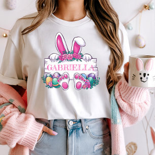 Custom Name Easter Tee; Cute Bunny & Eggs T-Shirt