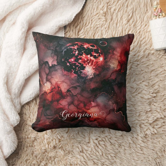 Custom Name Eerie Blood Moon Halloween Alcohol Ink Cushion (Blanket)