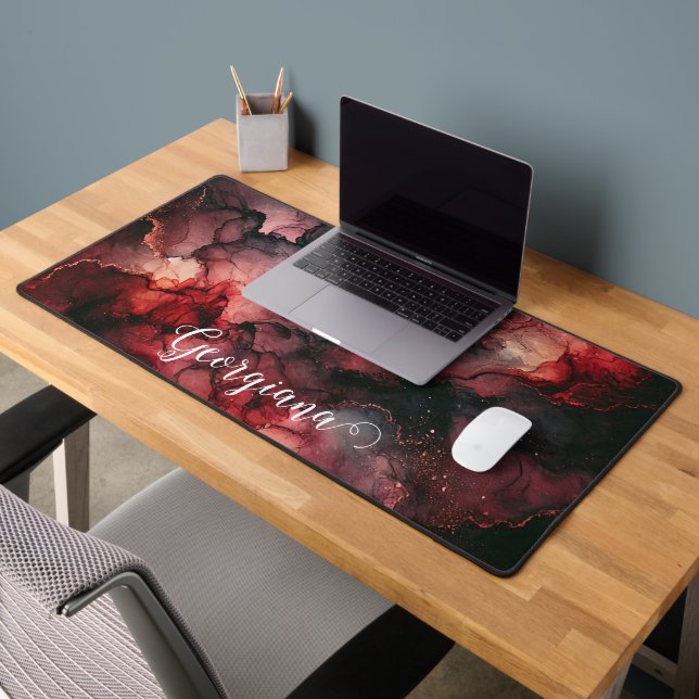 Custom Name Eerie Blood Moon Halloween Alcohol Ink Desk Mat (Office 2)