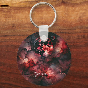Custom Name Eerie Blood Moon Halloween Alcohol Ink Key Ring