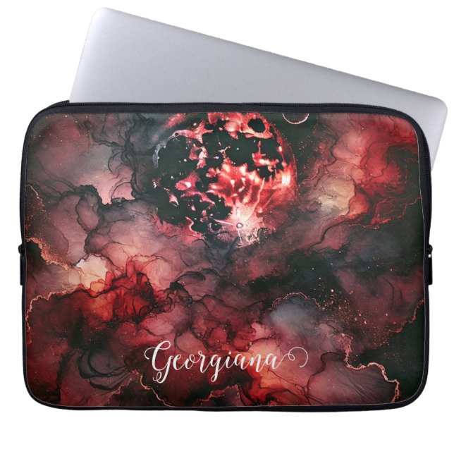 Custom Name Eerie Blood Moon Halloween Alcohol Ink Laptop Sleeve (Front)
