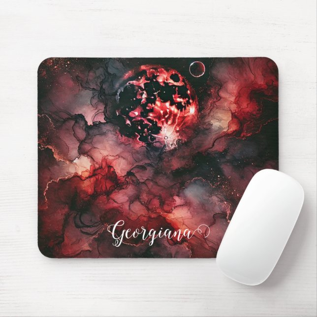 Custom Name Eerie Blood Moon Halloween Alcohol Ink Mouse Mat (With Mouse)
