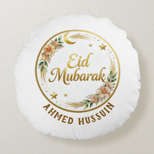Custom Name Eid Mubarak Floral Gold Moon Decorativ Round Cushion