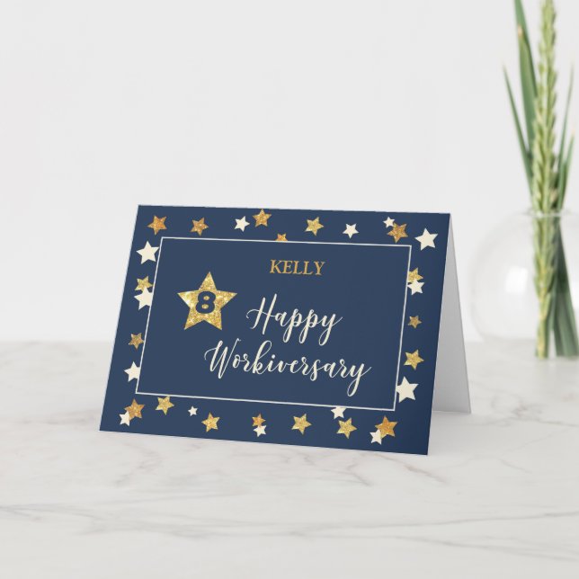 Custom Name Eighth Employee Workiversary Navy Gold Card (Front)