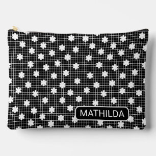Custom name elegant black and white Floral Grid Accessory Pouch