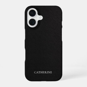 Custom Name Elegant Black Leather iPhone 16 Case