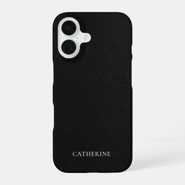 Custom Name Elegant Black Leather iPhone 16 Case (Back)