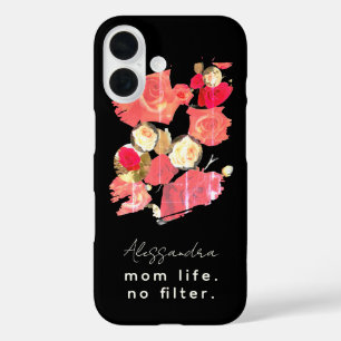 Custom Name Elegant Black Red White Floral Mum  iPhone 16 Case