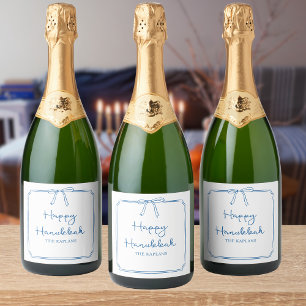 Custom Name Elegant Blue Bow Hanukkah Gift Sparkling Wine Label