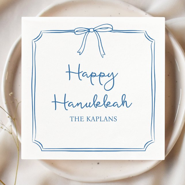 Custom Name Elegant Blue Bow Hanukkah Party Napkin (Creator Uploaded)