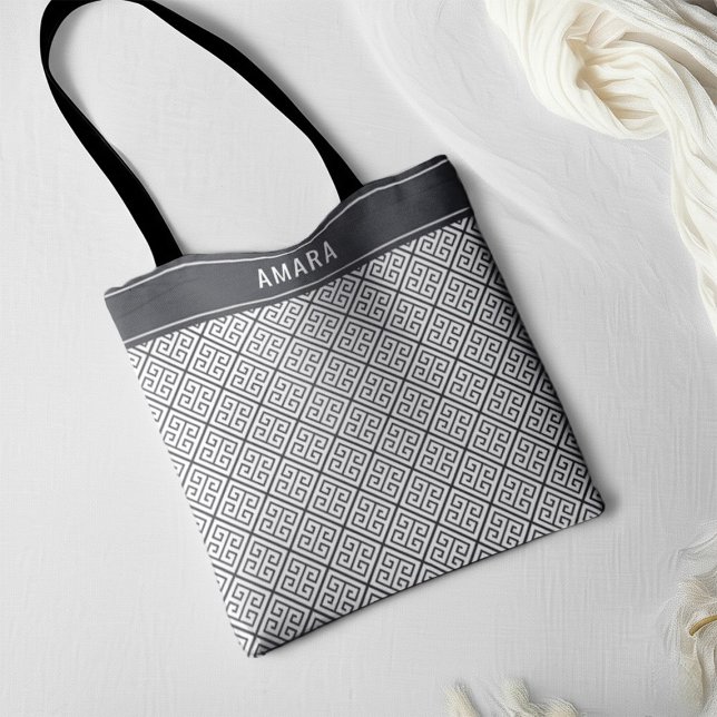 Custom Name Elegant Chic Classic Greek Key Pattern Tote Bag (Creator Uploaded)