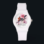 Custom Name | Elegant Chic Pink Cherry Blossom Watch<br><div class="desc">Custom typography Name on a beautiful Elegant Pink and Purple Cherry Blossom Watch with oil and watercolor painting of Pink cherry blossom floral oroginal painting on a vein in an artistic refreshing style.</div>